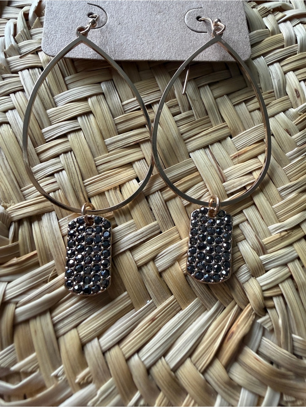 Gold Tone Teardrop Dangle Earrings with Pave Crystal